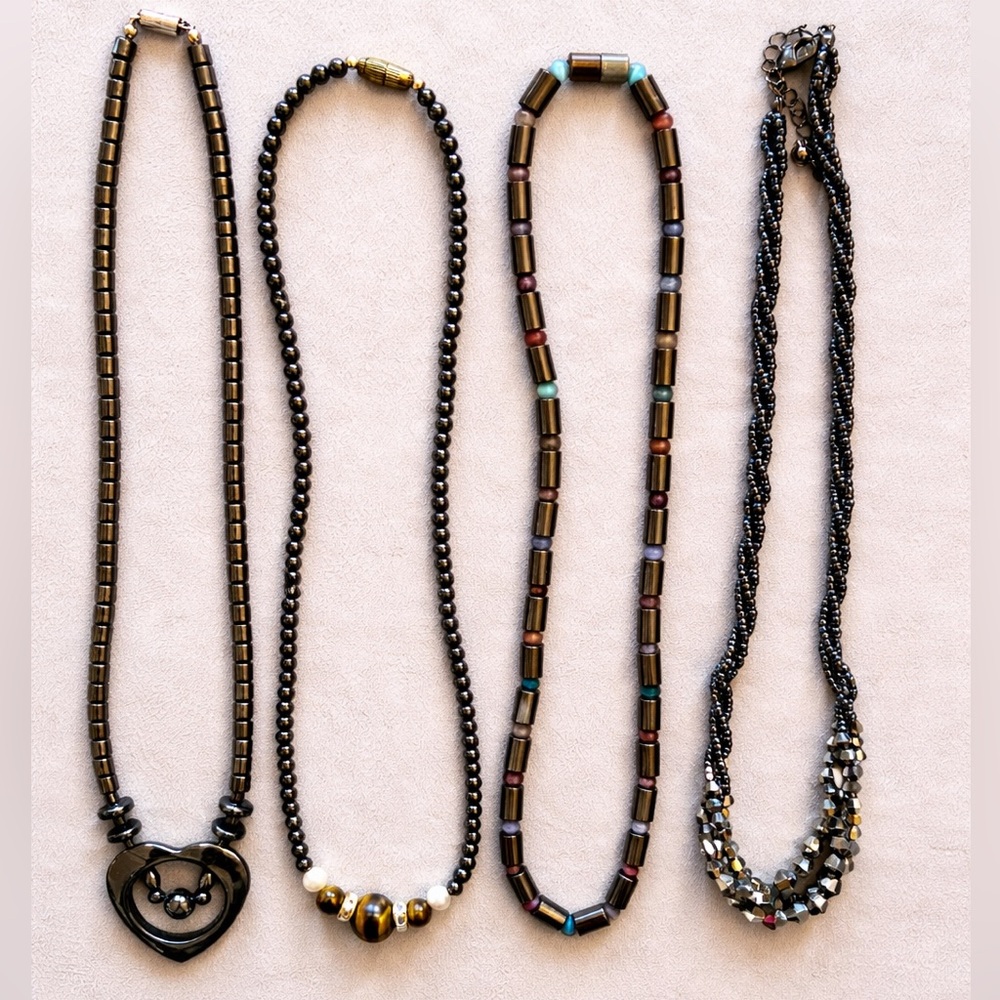 Hematite & Beaded Necklace Bundle Dark Tone Minimal Stack Set. Tiger Eye.